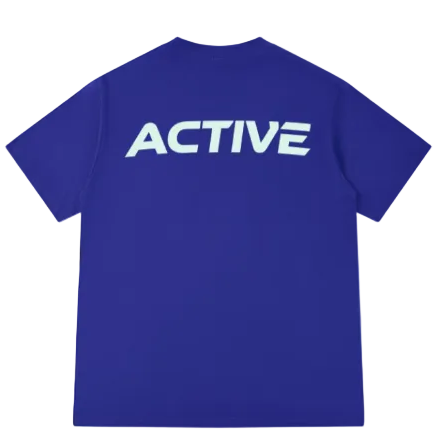 Front and back views of a royal blue short-sleeve t-shirt. The front features the white text 'BTY' on the chest, and the back features 'ACTIVE' in large white letters.